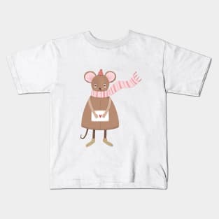 Mouse in a hat with a love letter winter cozy illustration Kids T-Shirt